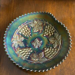 Antique Northwood Grape and Cable Green Carnival glass handgrip plate. About 7”.